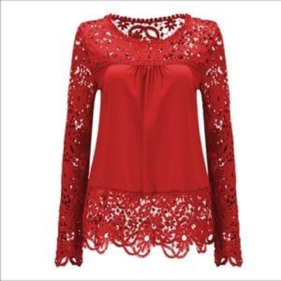 Oioninos Boho Crochet Lace Sleeve Shirt Red S M - Picture 6 of 6